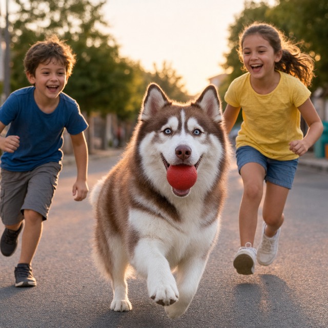 Raw generation — kids running with a husky