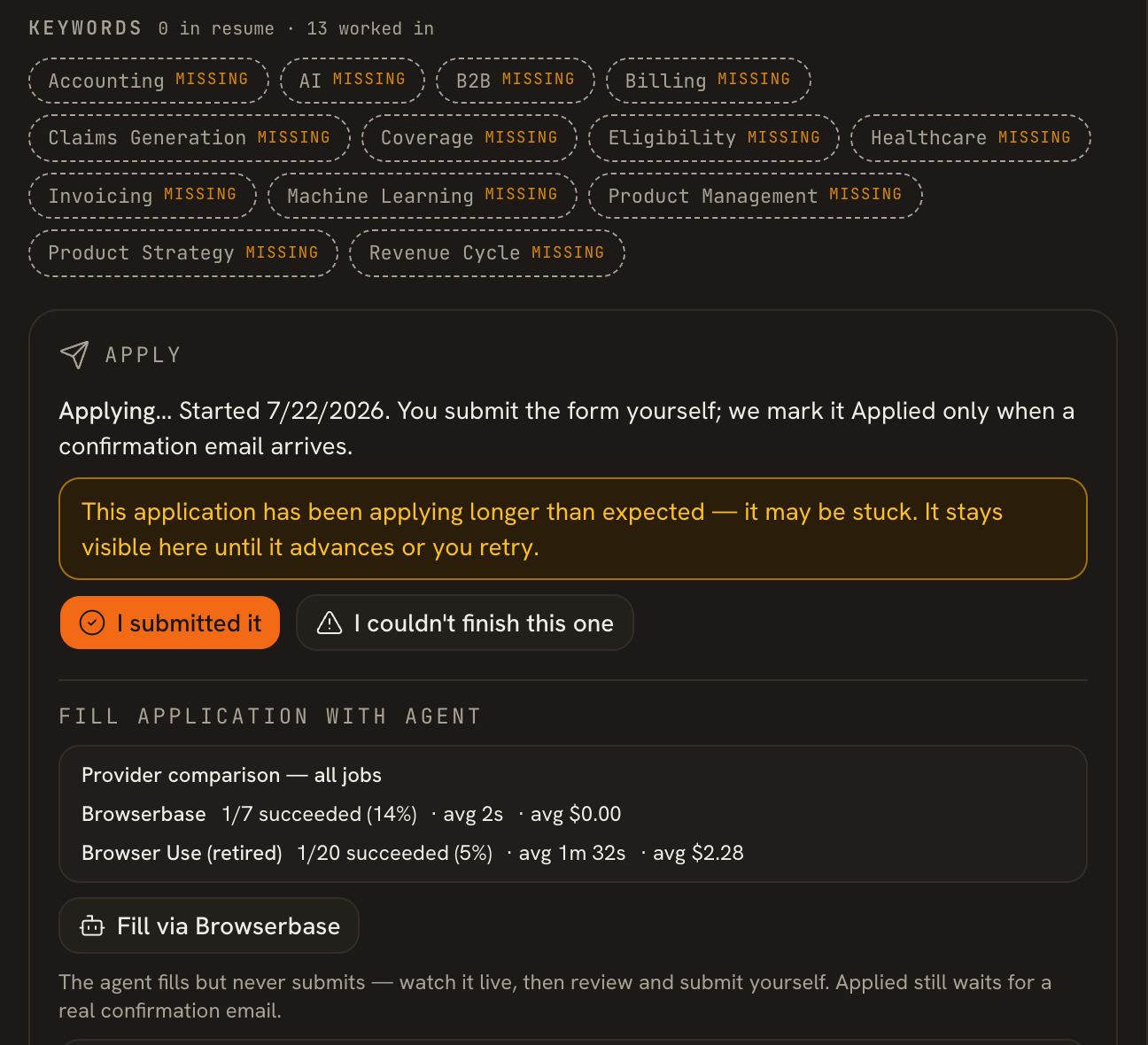The same job workspace further down: a keyword gap showing 13 posting keywords missing from the resume, the Apply card, and the Fill-application-with-agent section with a provider comparison and a Fill via Browserbase button.