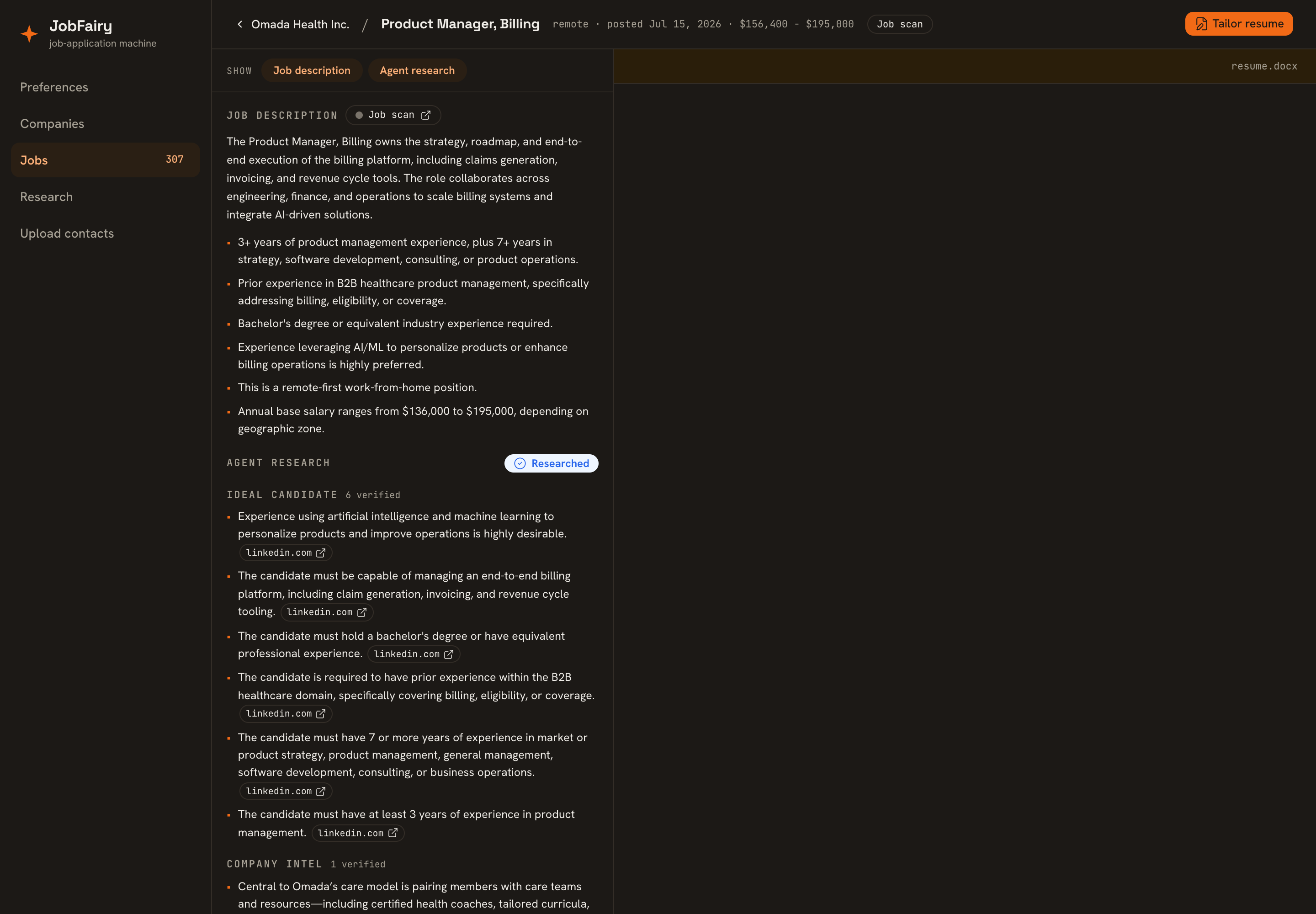 A researched job workspace for Product Manager, Billing at Omada Health: the job description and verified agent-research bullets with source links on the left, the resume.docx tailoring pane on the right.
