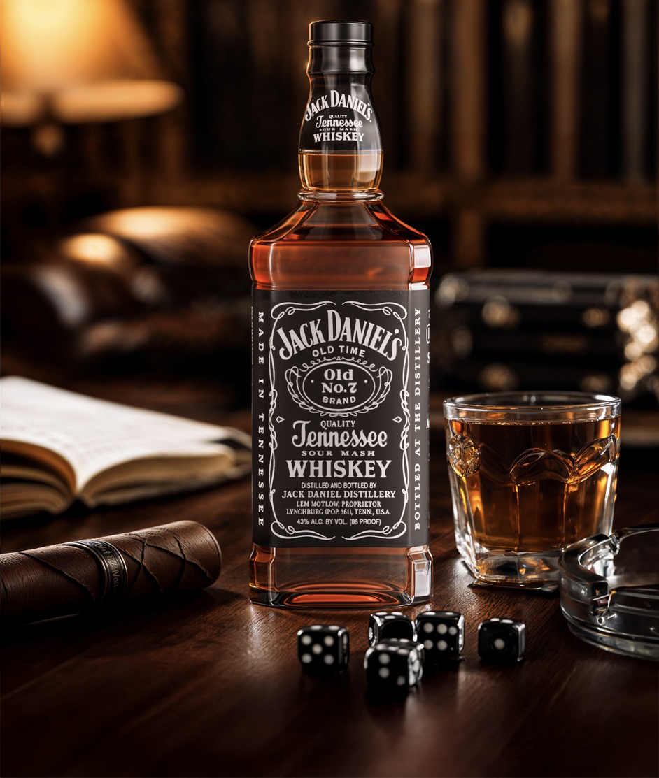 Generated lifestyle shot from the customer deck: a Jack Daniel's bottle on a wooden desk in a warm study set with a whiskey glass, cigar, books, and dice — every line of the label fine print crisp and legible.
